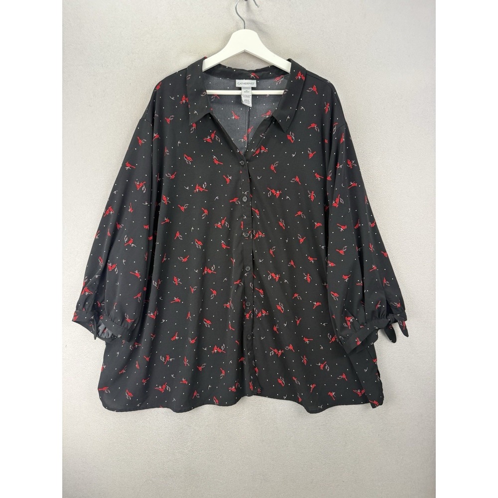 Catherines 4X Black Red Cardinal Bird Print Blouse‎ Tie Sleeve Plus Size Top